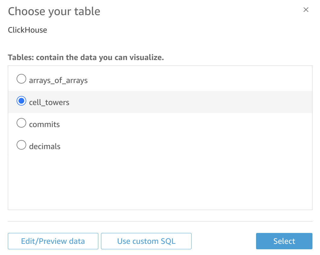 ClickHouse에서 사용 가능한 데이터베이스 테이블이 표시된 QuickSight 테이블 선택 인터페이스