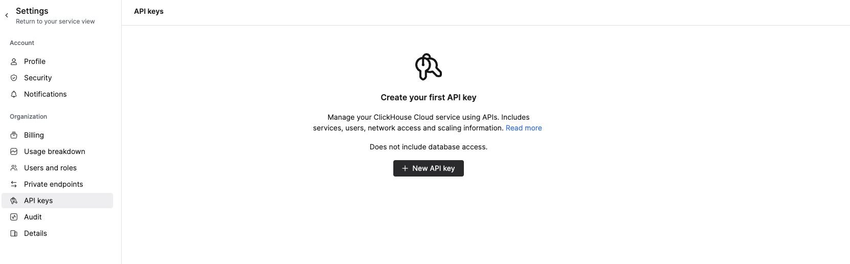 왼쪽 내비게이션 메뉴에서 API Keys 섹션을 보여주는 ClickHouse Cloud console